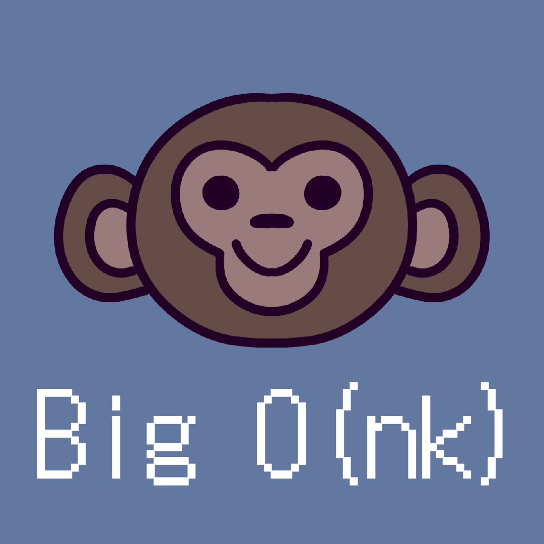 Cartoon smiling monkey over pixelated letters 'Big O(nk)'