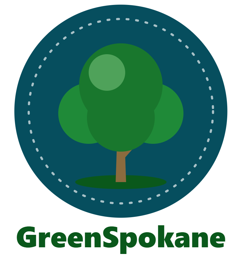 Simplified tree logo in blue and green with 'Green Spokane' on the bottom