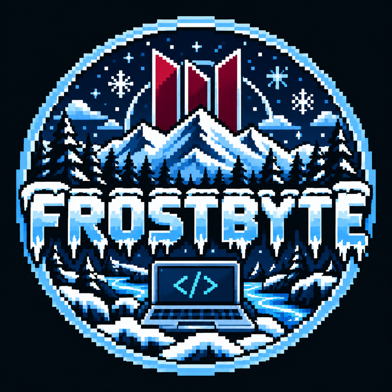 Circular 16bit logo. Computer sitting in a mountain setting with an ai attempt at the Whitworth logo 