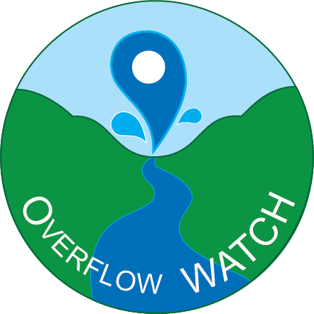 Circle with illustrative river with a splash that also looks like a location marker. Titled 'Overflow WATCH'