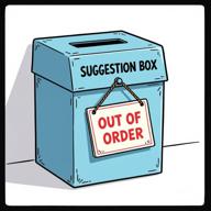 Team logo is a cute blue suggestion box with a hole in the top to collect suggestions. On the front of the box hangs a white sign with red letters that say out of order. The box is sitting on the floor in front of a white wall and casts a shadow to the left. Team logo is a cute blue suggestion box with a hole in the top to collect suggestions. On the front of the box hangs a white sign with red letters that say out of order. The box is sitting on the floor in front of a white wall and casts a shadow to the left.