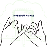 Team logo is a white square with simple line drawing of two right hands with the little fingers connecting. Above the hands are the words POWER PUFF PROMISE. Team logo is a white square with simple line drawing of two right hands with the little fingers connecting. Above the hands are the words POWER PUFF PROMISE.