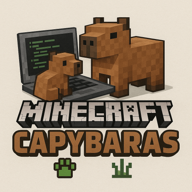 Team logo is two cute Capybara minecraft blocky characters playing with the laptop. The young capybara is on the keyboard. There are gree letters on the laptop screen. Team logo is two cute Capybara minecraft blocky characters playing with the laptop. The young capybara is on the keyboard. There are gree letters on the laptop screen.